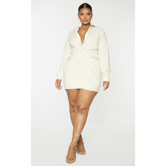 PLT PLUS CREAM WOVEN PLUNGE TWIST DETAIL SHIRT DRESS - Picture 2 of 5